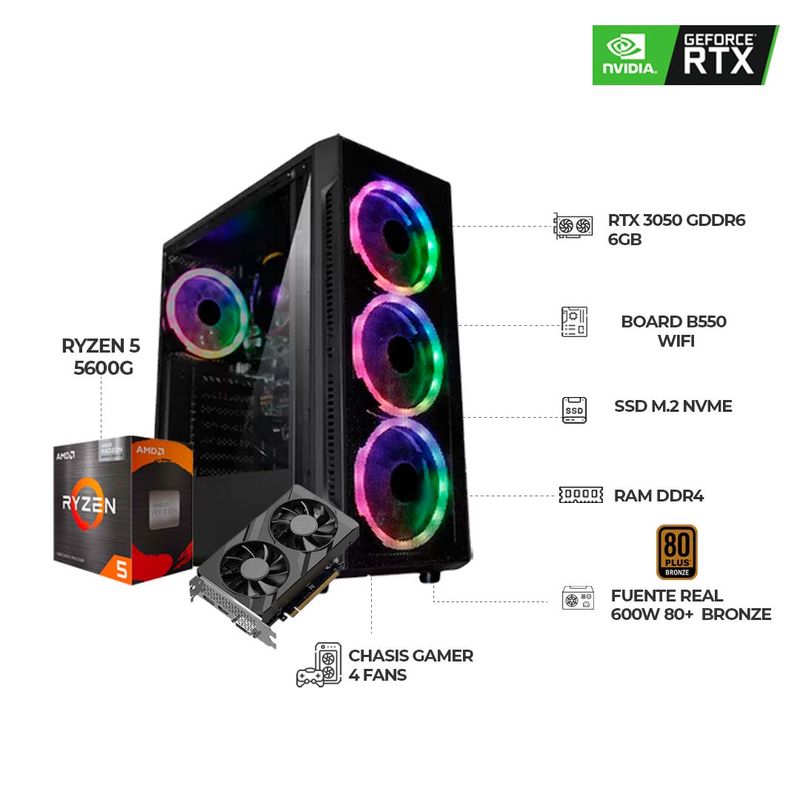 AMD - TORRE GAMER RYZEN 5 5600G/ 16GB RAM/ RTX 3050 8GB/ 1TB SSD/ BOARD A520