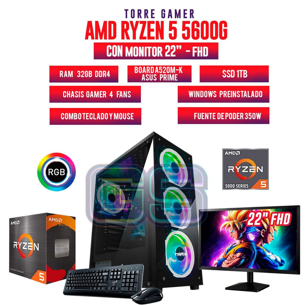 AMD - COMPUTADOR GAMER RYZEN 5 5600G + MONITOR 22" FHD- RAM 32GB- SSD 1TB + COMBO