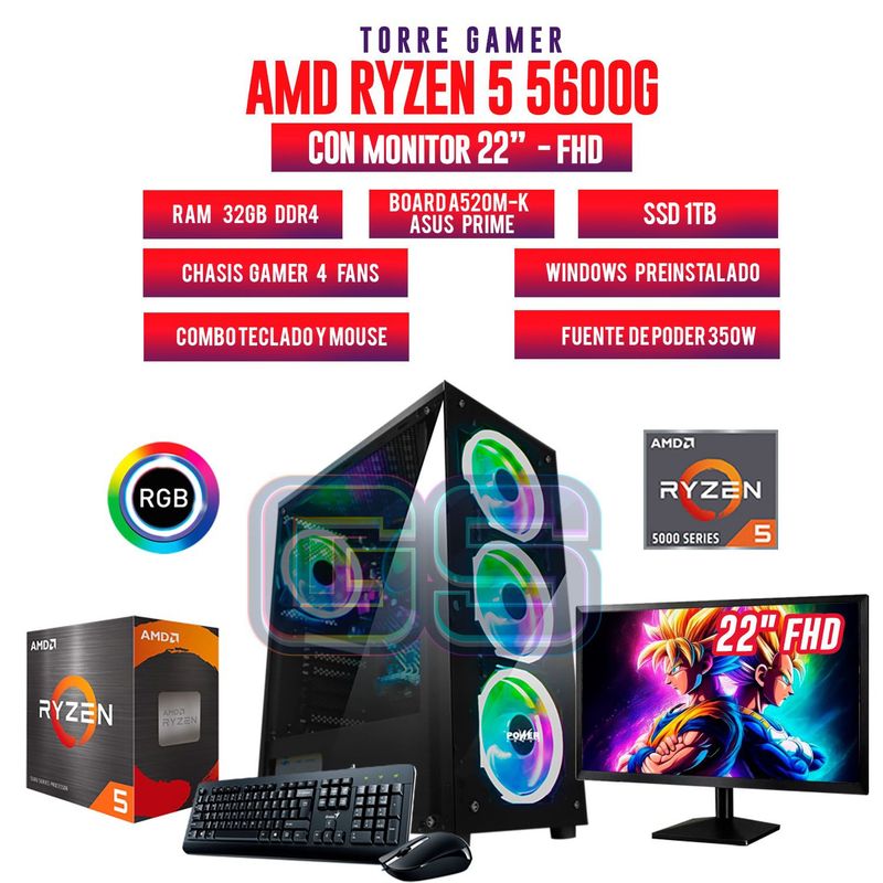 AMD - TORRE GAMER RYZEN 5 5600G/ 32GB RAM/ 1TB SSD/ BOARD A520M-K/ MONITOR 22 FHD