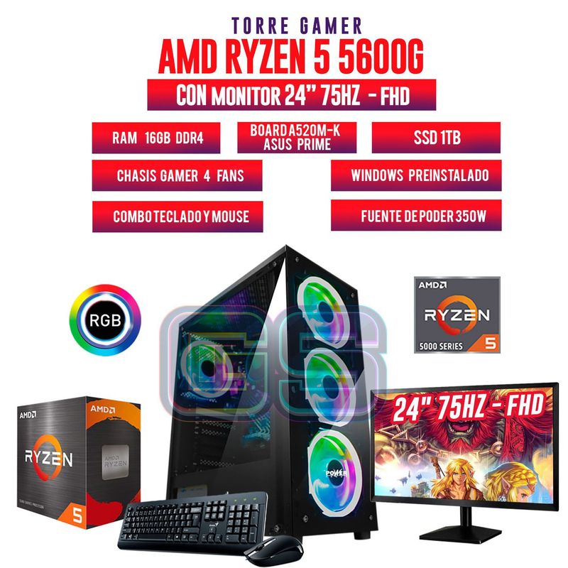 AMD - Pc Gamer R5 5600G RAM 16GB SSD 1TB MONITOR 24 FHD + COMBO DE TECLADO Y MOUSE
