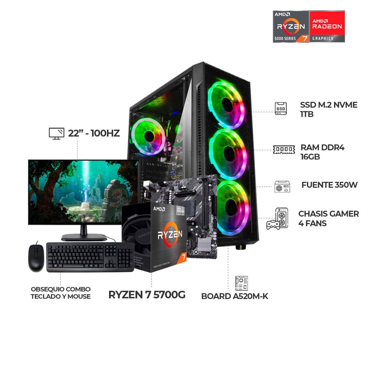 AMD - COMPUTADOR GAMER RYZEN 7 5700G + MONITOR 22 - RAM 16GB SSD 1TB + COMBO