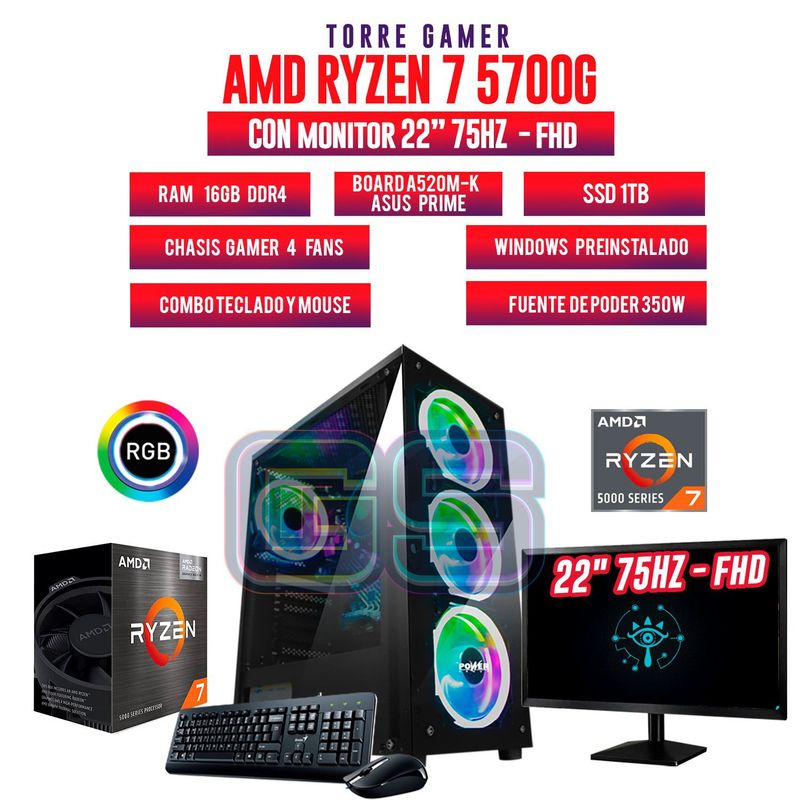 AMD - TORRE GAMER RYZEN 7 5700G 16GB RAM 1TB SSD BOARD A520/ MONITOR 22" FHD