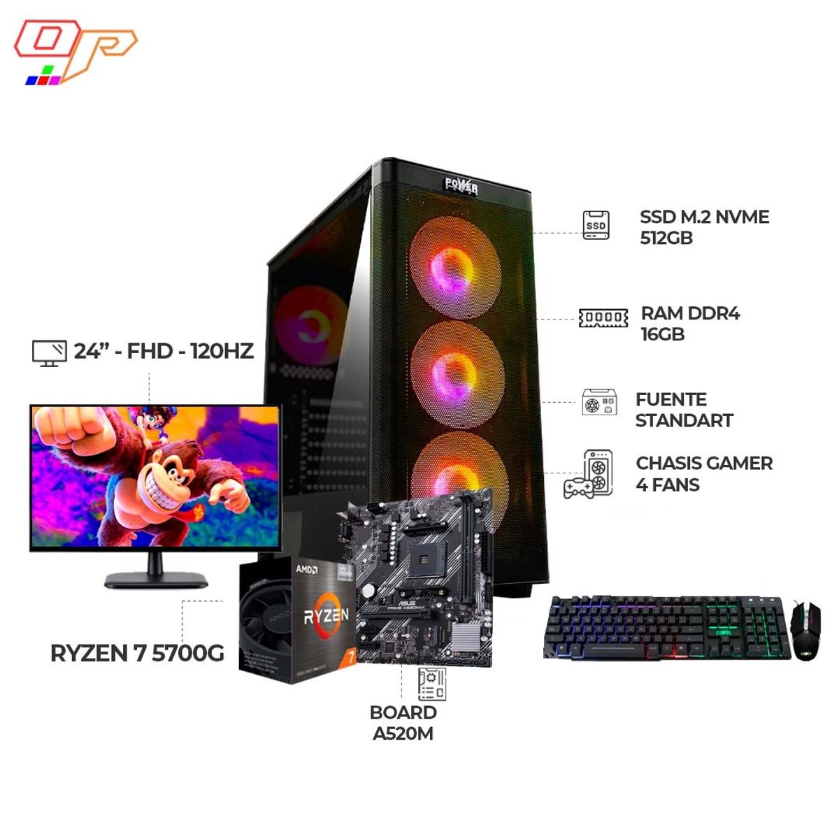 AMD - COMPUTADOR GAMER RYZEN 7 5700G MONITOR 24 FHD 120HZ 16GB RAM SSD 512GB+ COMBO