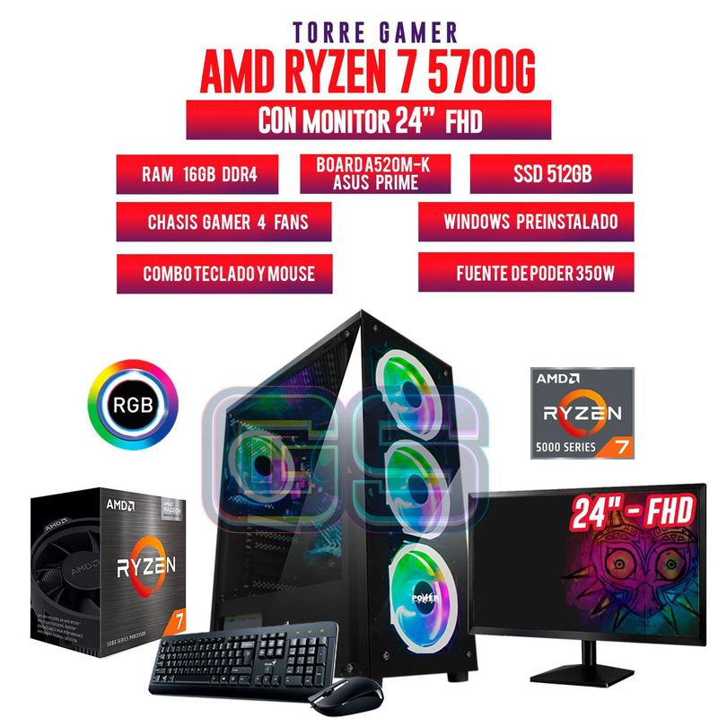 AMD - TORRE GAMER RYZEN 7 5700G 16GB RAM 512 GB M2 SSD BOARD A520 MONITOR 24 FHD