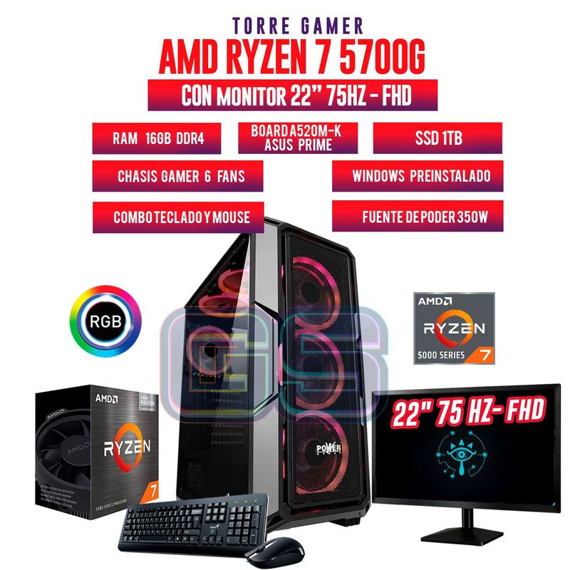 AMD - PC GAMER RYZEN 7 5700G 16GB RAM SSD 1TB M2 BOARD A520M-K MONITOR 22