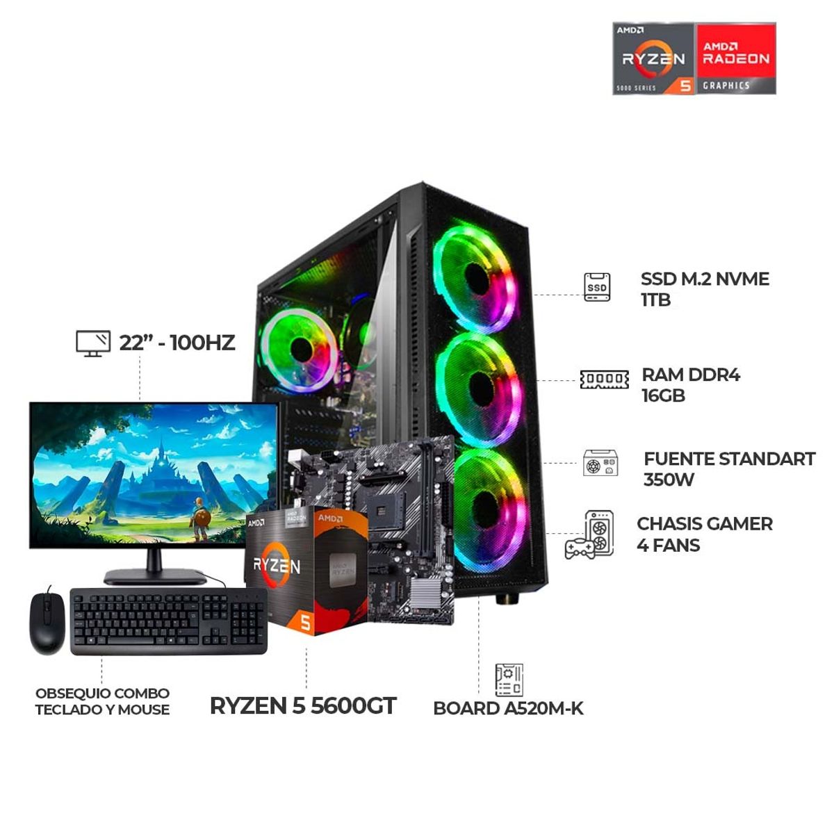 AMD - COMPUTADOR GAMER RYZEN 5 5600GT 16GB RAM SSD 1TB MONITOR 22 FHD+ COMBO