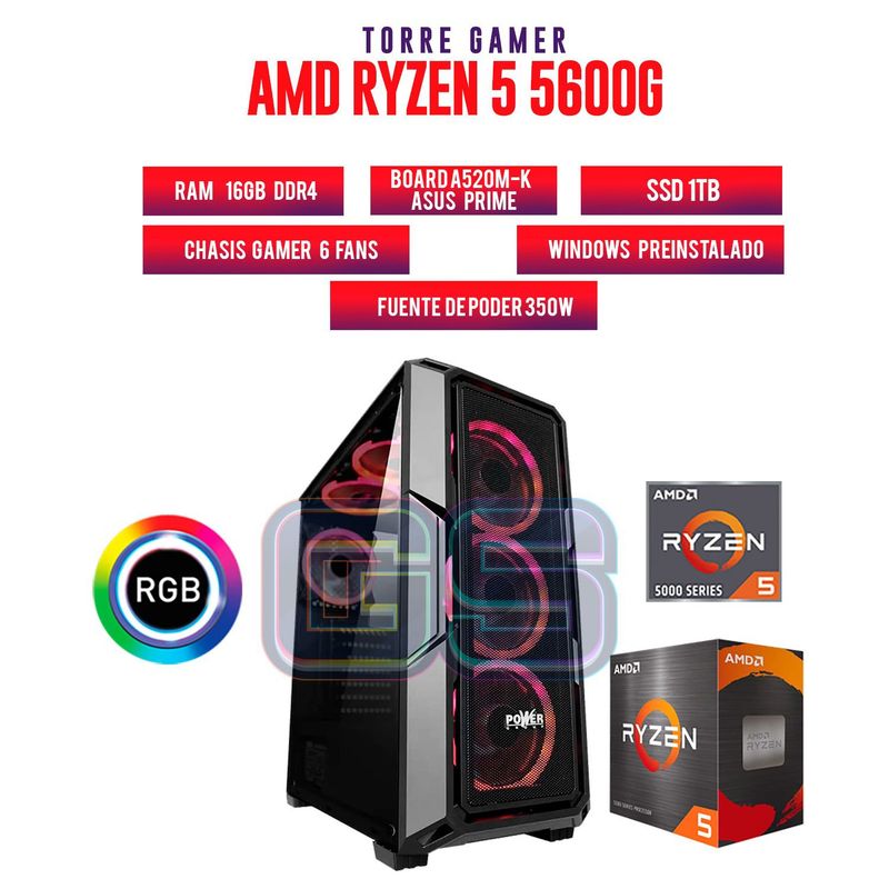 AMD - TORRE GAMER RYZEN 5 5600G/ RAM 16 GB DDR4/ 1TB SSD/ BOARD A520M-A  CHASIS 6 FANS.
