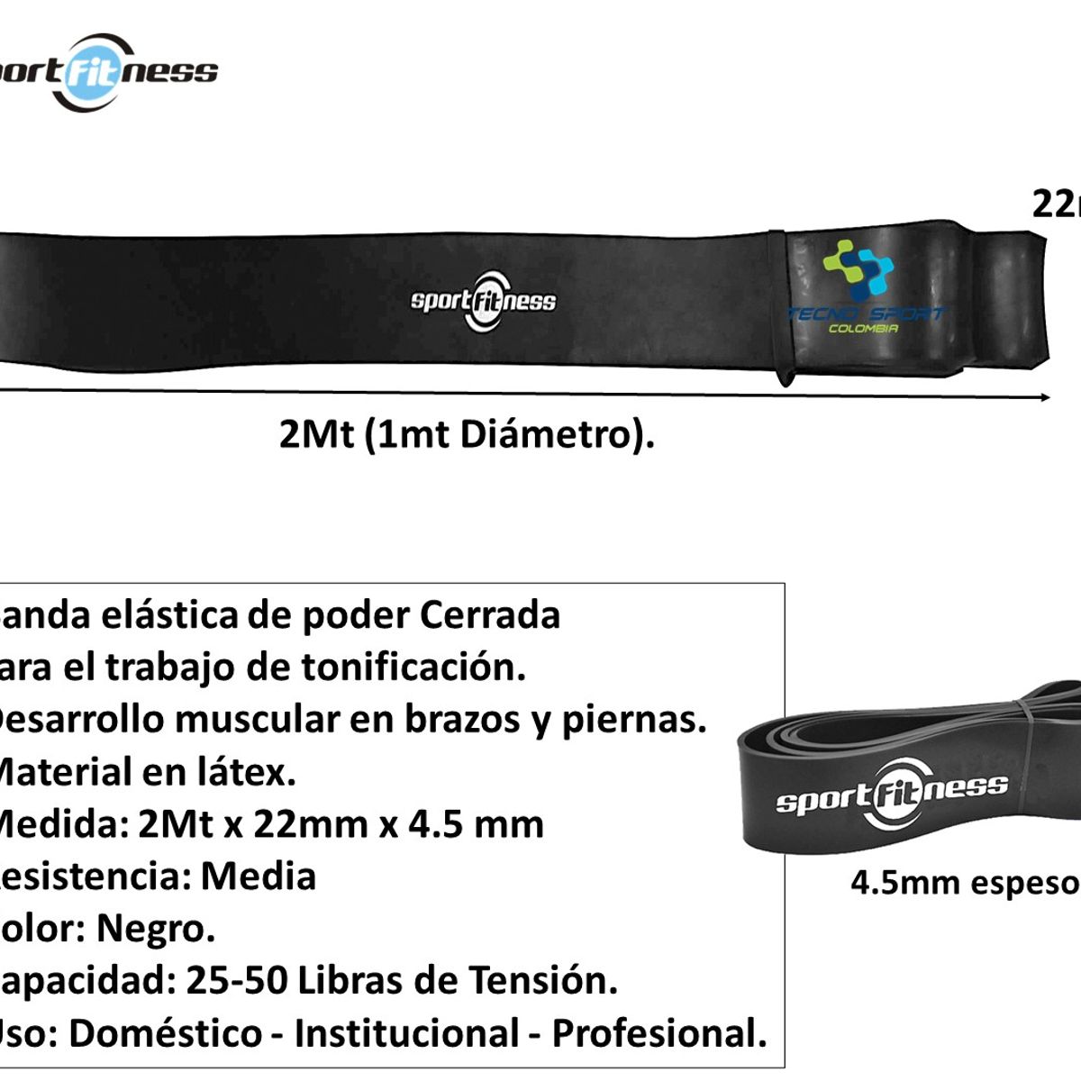 SPORT FITNESS - Banda De Poder Elástica Sportfitness Negra Tonificacion Gym