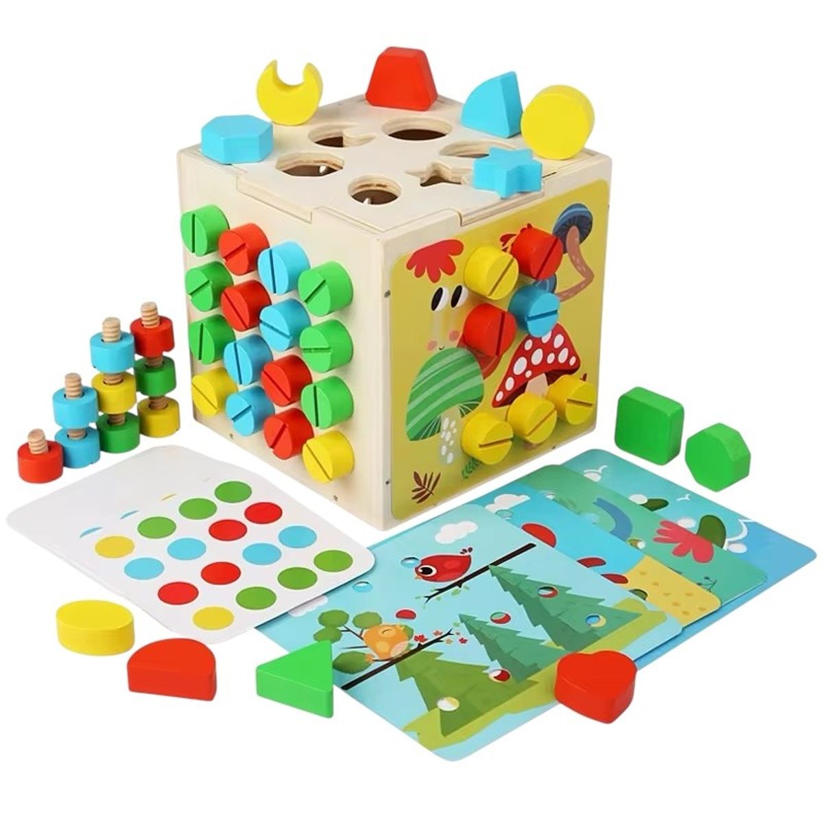 GENERICO - Cubo de Madera  Montessori 6 en 1 Con Tornillos y Juegos