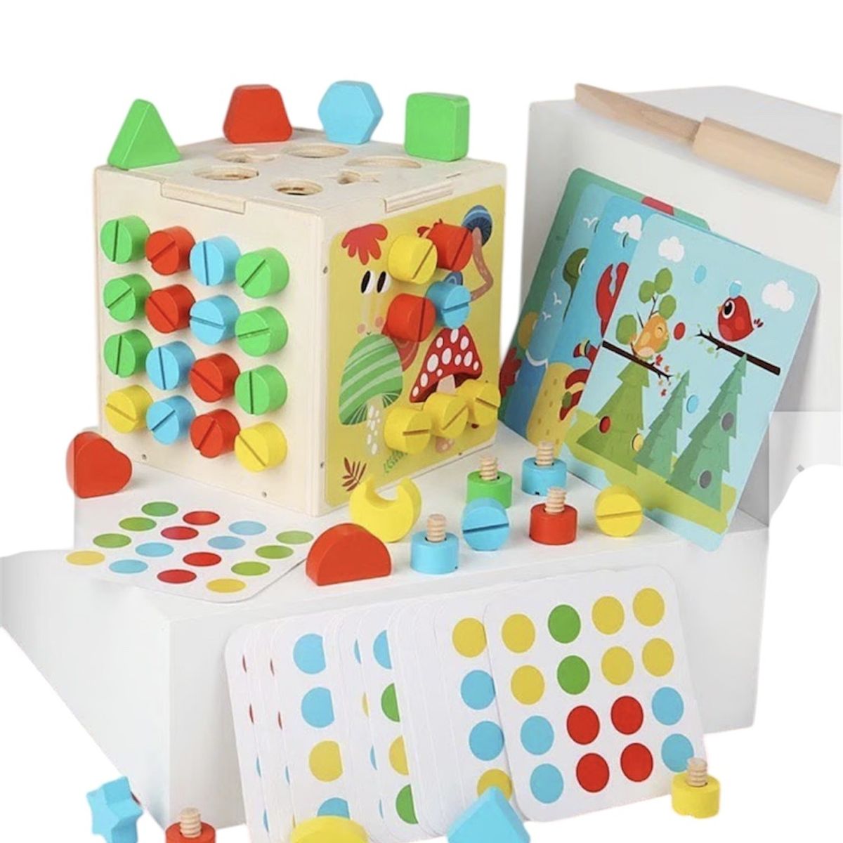 GENERICO - Cubo de Madera  Montessori 6 en 1 Con Tornillos y Juegos