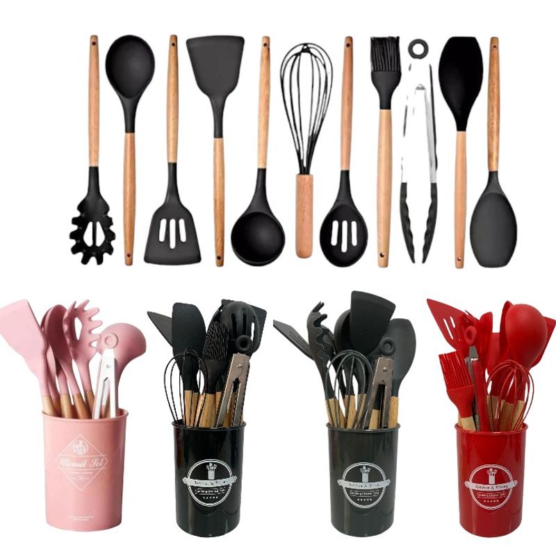 GENERICO - Set 12 Utensilios De Cocina Silicona Resistente Calor De Colores