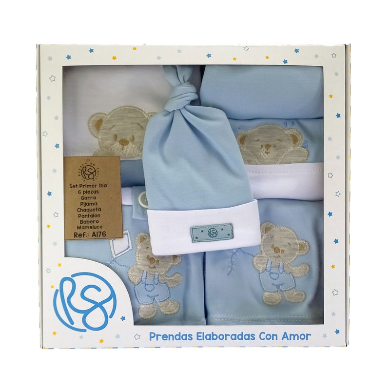 EL ROPERO DE SARITA - Mimos de Oso Tetero: Set de 6 Piezas Celeste Blanco.