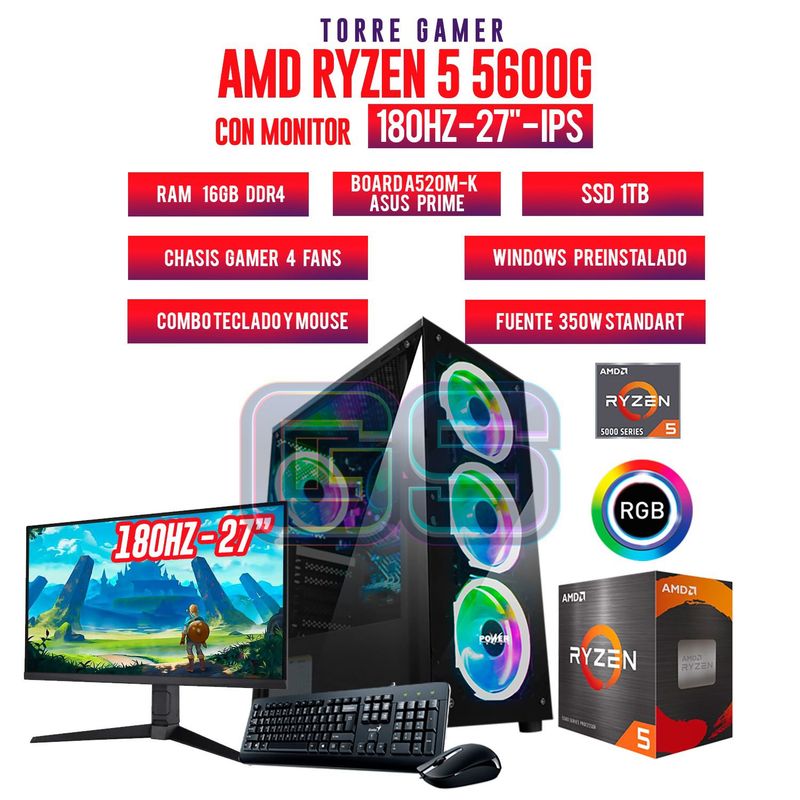 AMD - TORRE GAMER Ryzen 5 5600G RAM 16GB SSD 1TB + MONITOR 27 FHD IPS 180HZ 1MS