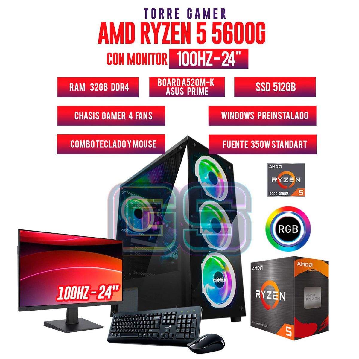 AMD - TORRE GAMER RYZEN 5 5600G RAM 32GB DDR4  SSD 512GB + MONITOR 24 FHD