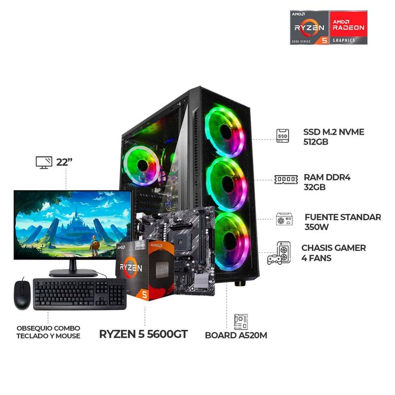 AMD - PC GAMER RYZEN 5 5600GT + MONITOR 22" FHD - BOARD A520 - RAM 32GB - SSD 512GB