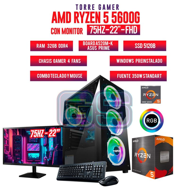 AMD - TORRE GAMER RYZEN 5 5600G 32GB RAM SSD 512GB BOARD A520M MONITOR 22" FHD