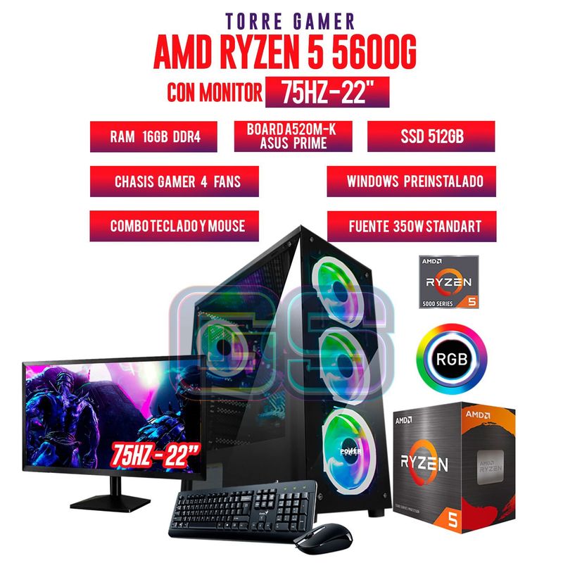 AMD - TORRE GAMER RYZEN 5 5600G 16GB RAM SSD 512GB M.2 BOARD A520M MONITOR 22 FHD