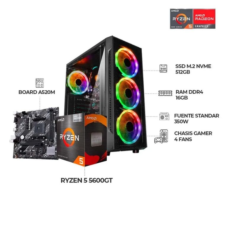 AMD - COMPUTADOR GAMER RYZEN 5 5600GT RAM 16GB DDR4  SSD 512GB NMVE CHASIS 4 FANS RGB
