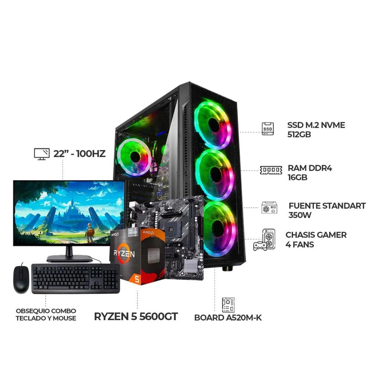 AMD - COMPUTADOR GAMER RYZEN 5 5600GT RAM 16GB DDR4  SSD 512GB M.2 + MONITOR 22" FULL HD + TECLADO Y MOUSE