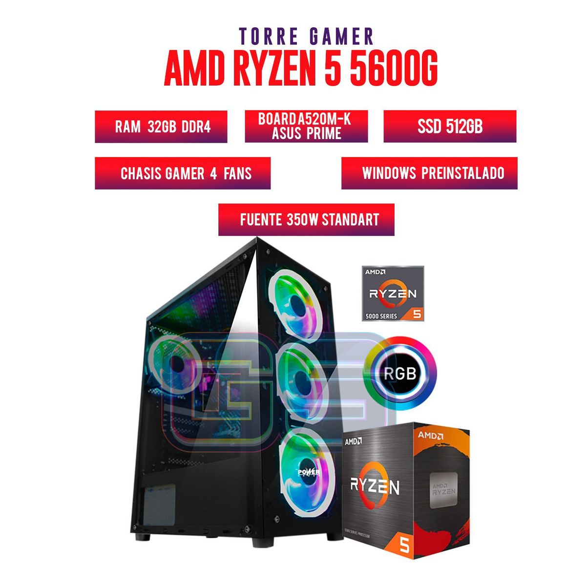 AMD - TORRE GAMER RYZEN 5 5600G 32GB RAM  SSD 512GB BOARD A520M-K ASUS PRIME