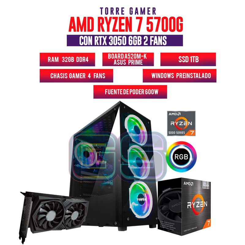 AMD - TORRE GAMER RYZEN 7 5700G 32GB RAM RTX 3050 6GB 1TB SSD BOARD A520