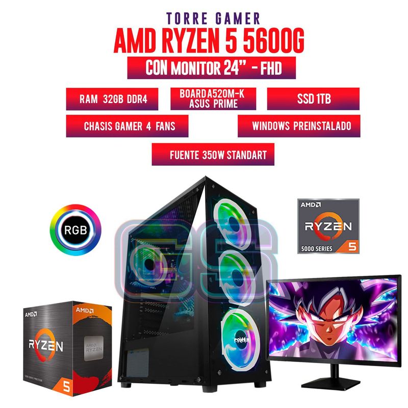 AMD - TORRE GAMER RYZEN 5 5600G 32GB RAM 1TB SSD BOARD A520M-K MONITOR 24 FHD