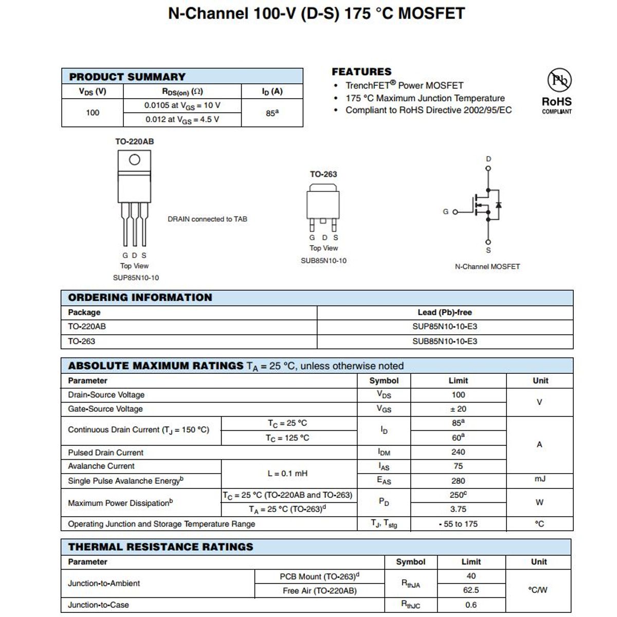 GENERICO - Transistor Mosfet SUB85N10-10 Canal N 100V 85A TO-263