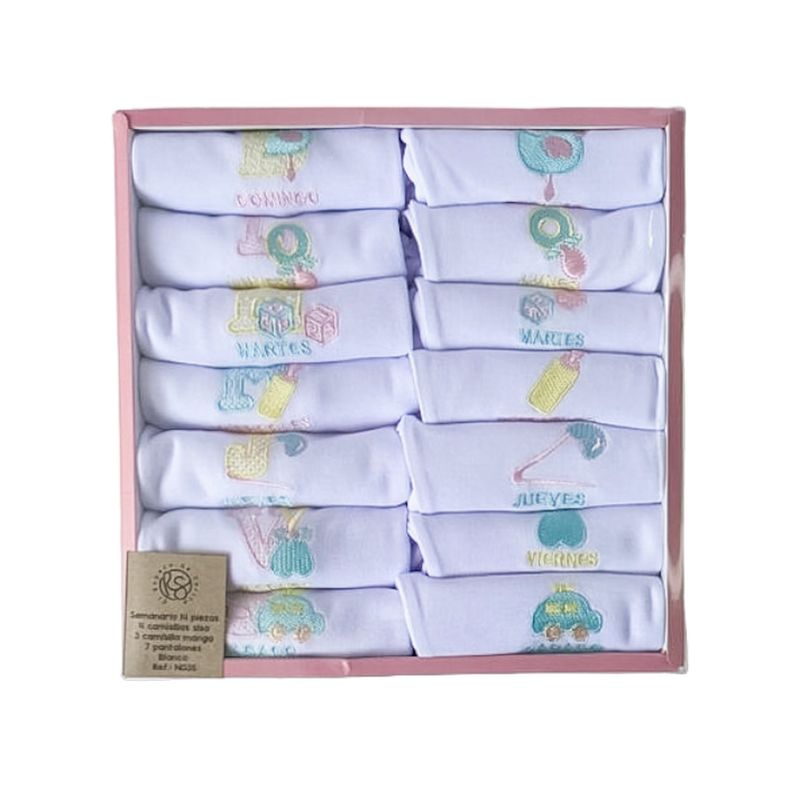 EL ROPERO DE SARITA - Semana Encantada Set Semanario  Bebés 14 Piezas Blanco Rosado.