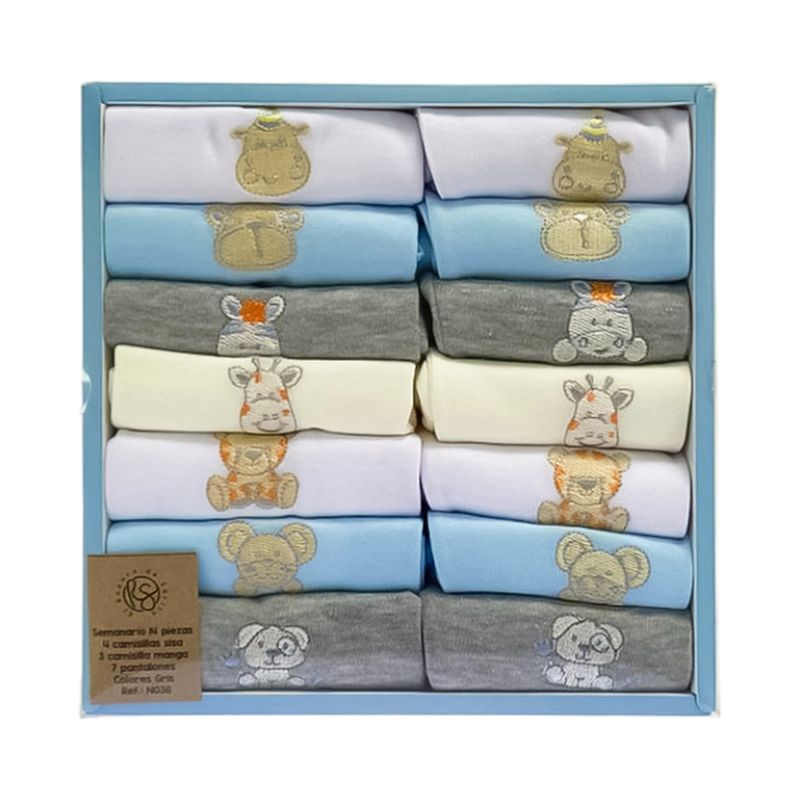 EL ROPERO DE SARITA - Semana Encantada Set Semanario  Bebés 14 Piezas Celeste Gris.