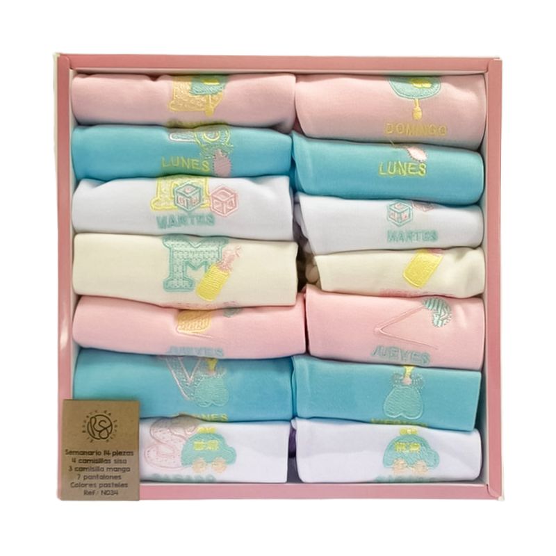 EL ROPERO DE SARITA - Semana Encantada Set Semanario Bebés 14 Piezas Rosado Menta.