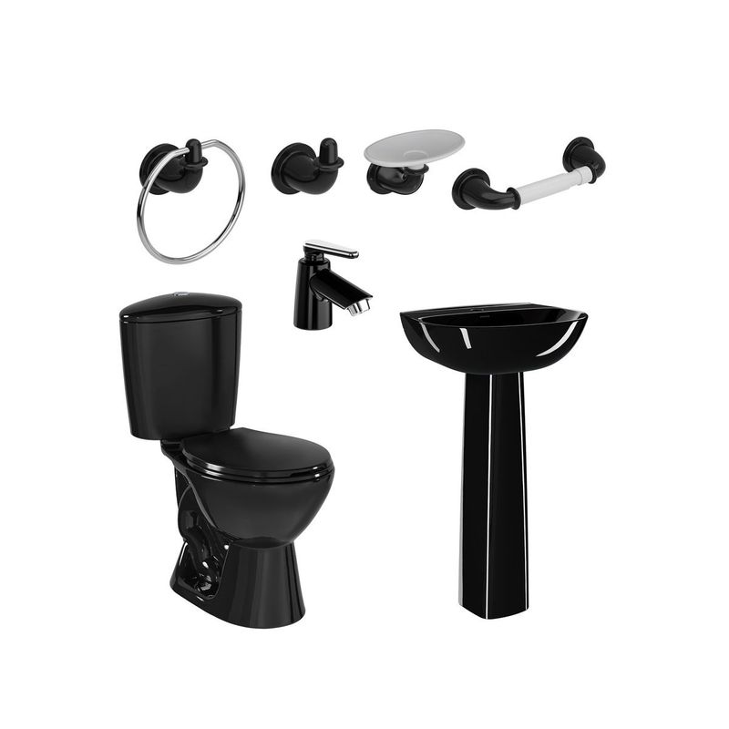 CORONA - Combo Manantial Redondo Negro Sanitario Lavamanos Griferia Accesorios
