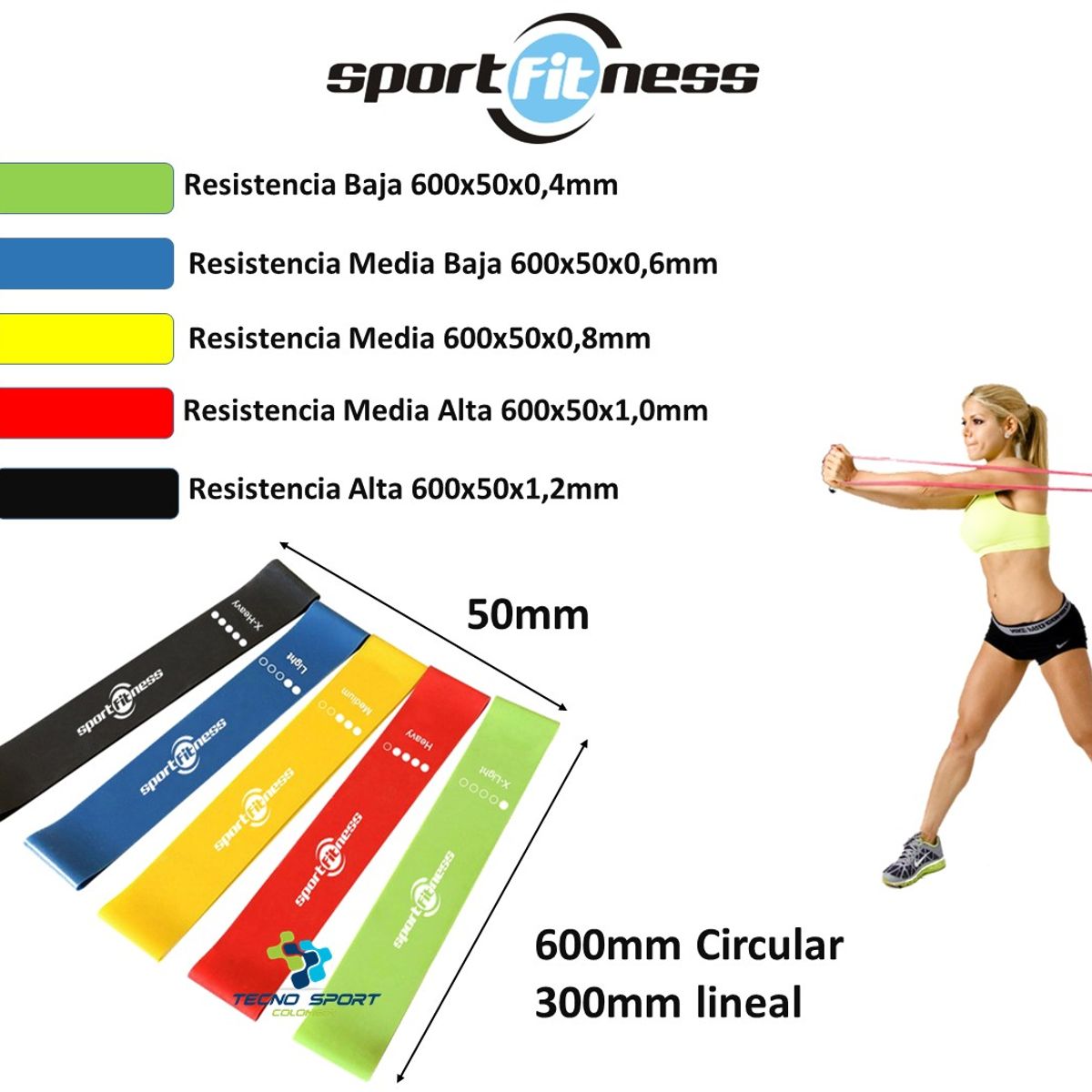 SPORTFITNESS - Banda Elástica Cerrada 5 pzas Sportfitnes Tonificación Gym