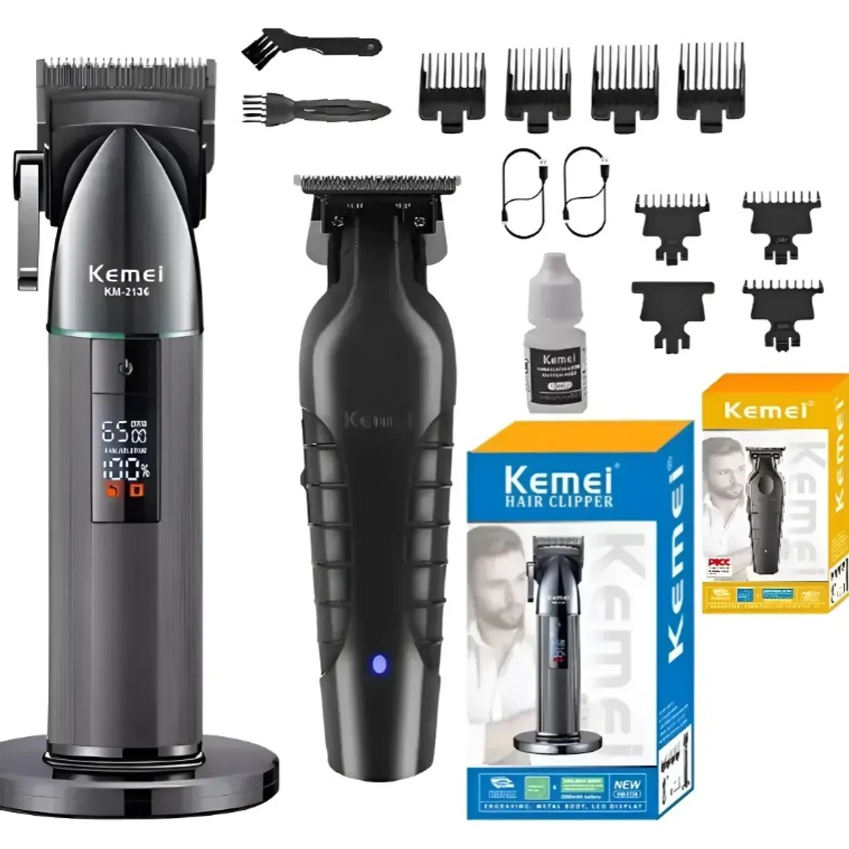 KEMEI - Combo Barbero Profesional Trimmer + Peluquera Kemei 2299 y 2136