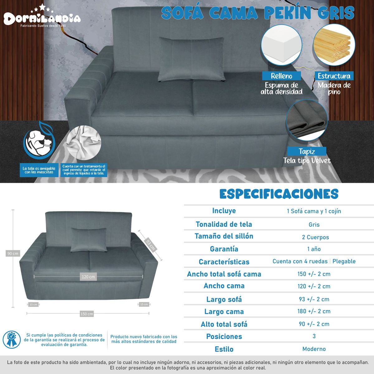 DORMILANDIA - Sofá Cama Gris Pekín 3 Posiciones + 1 Cojín