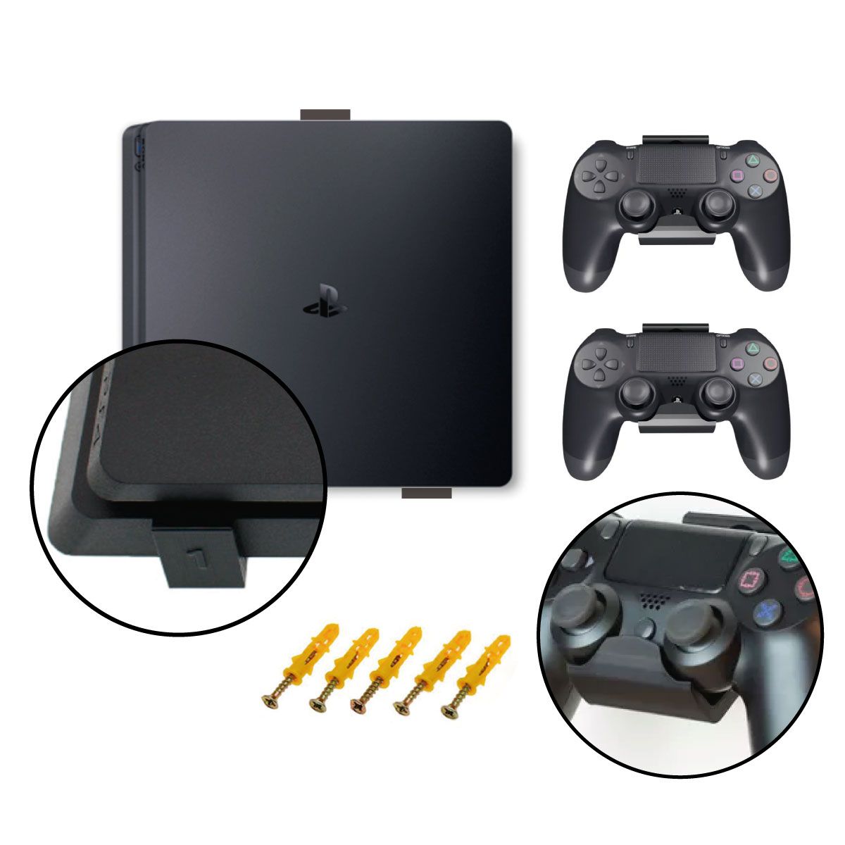 GENERICO - Soporte De Pared Para Ps4 Slim + 2 Soportes Para Control Negro