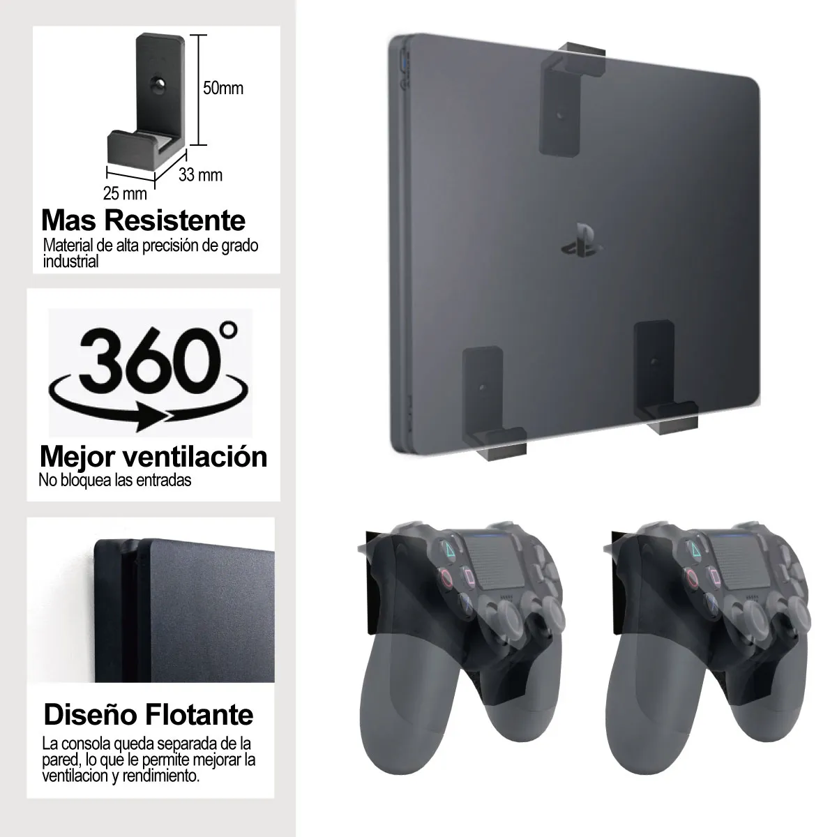 GENERICO - Soporte De Pared Para Ps4 Slim + 2 Soportes Para Control Negro