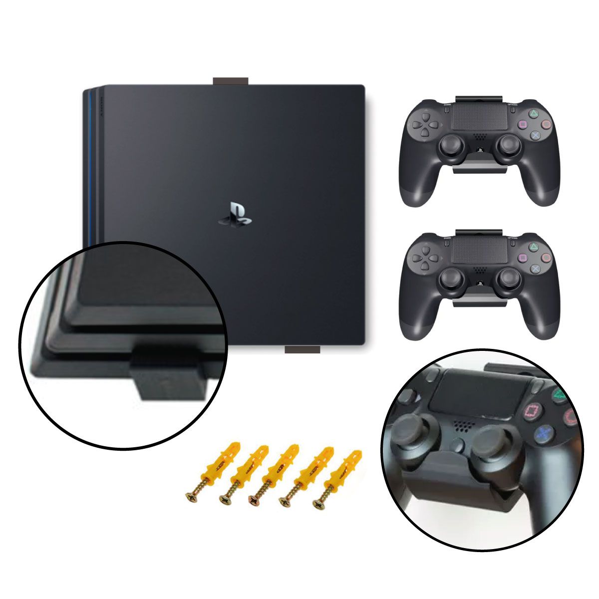 GENERICO - Soporte De Pared Para Ps4 PRO + 2 Soportes Para Control Negro.