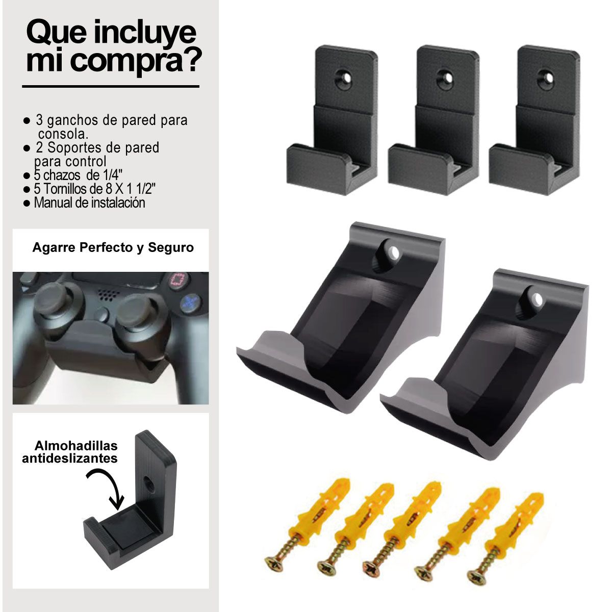GENERICO - Soporte De Pared Para Ps4 Fat + 2 Soportes Para Control Negro.