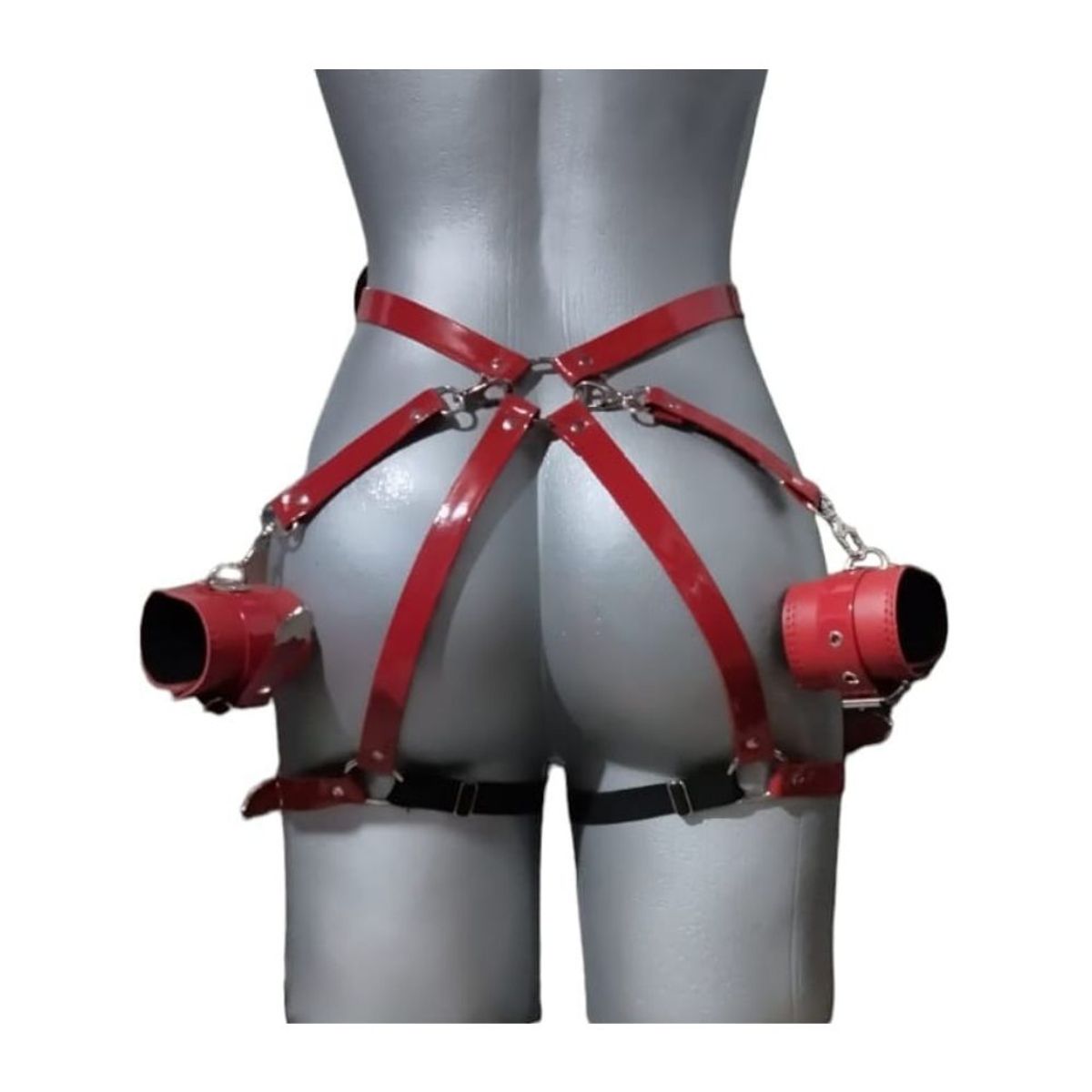 GENERICO - Arnés en cuero Con Esposas Liguero rojo Bondage Sado BDSM