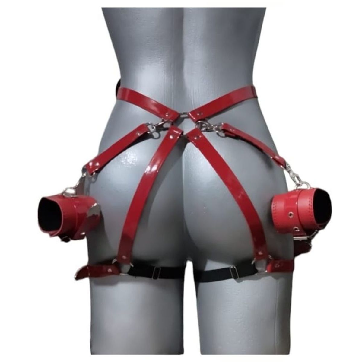GENERICO - Arnés en cuero Con Esposas Liguero rojo Bondage Sado BDSM