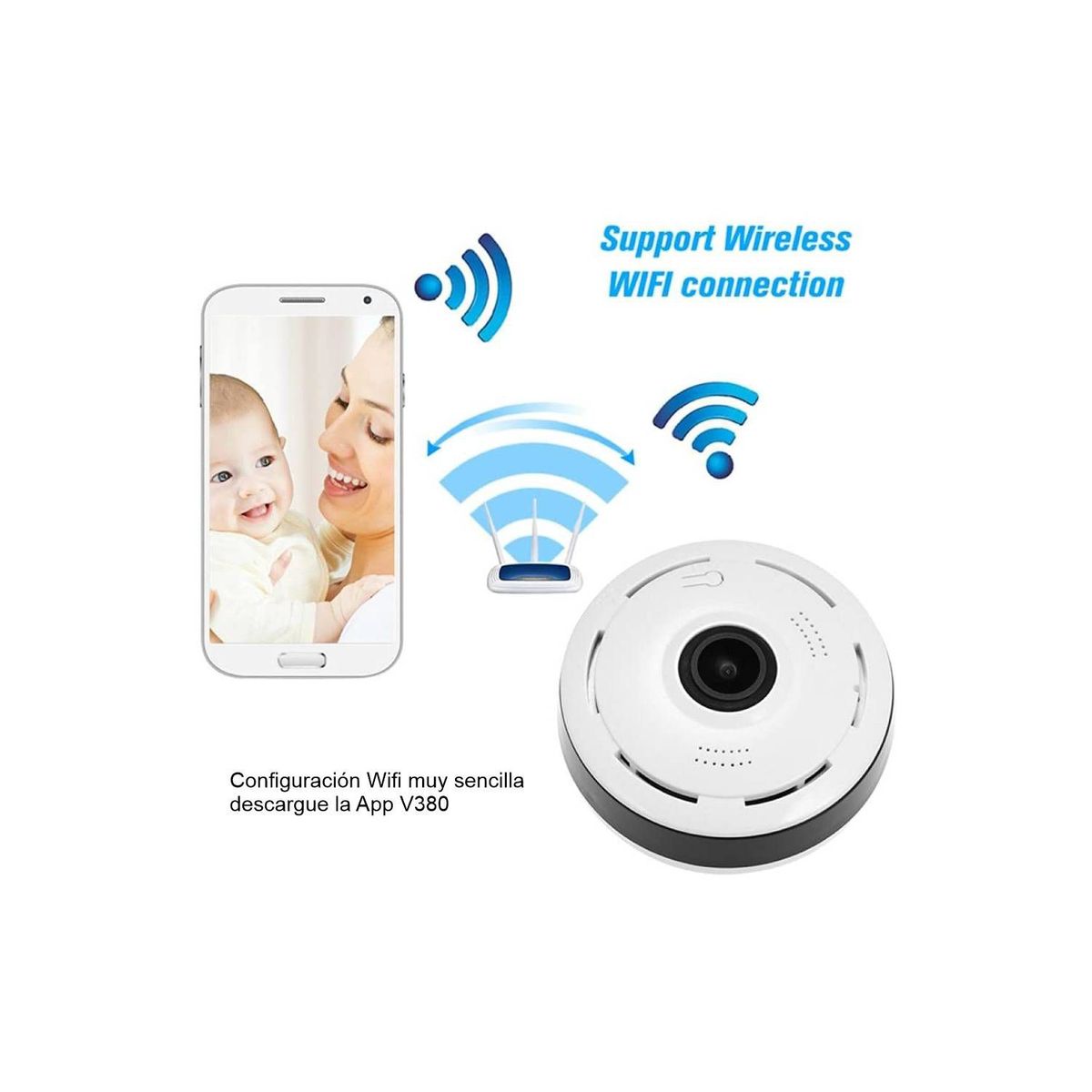 AWEI - Cámara Ojo De Pez 360 Grados Vigilancia paronamica Wifi + SD 64 GB