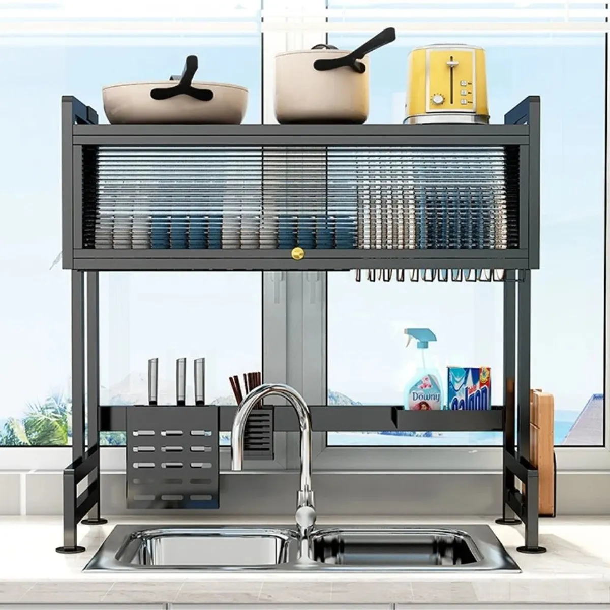 GENERICO - Platero Escurridor De Platos Organizador Con Gabinete Para Sobre Poner