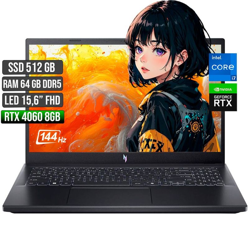 ACER - ACER NITRO INTEL CORE I7-13620H RTX 4060 8GB SSD 512GB RAM 64GB LED 15,6" FULL HD 144Hz