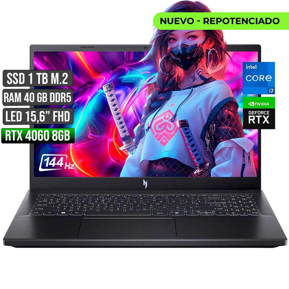 ACER - Portátil Acer Nitro Intel Core i7 RTX 4060 40GB RAM 1TB SSD 15.6" FHD 144Hz