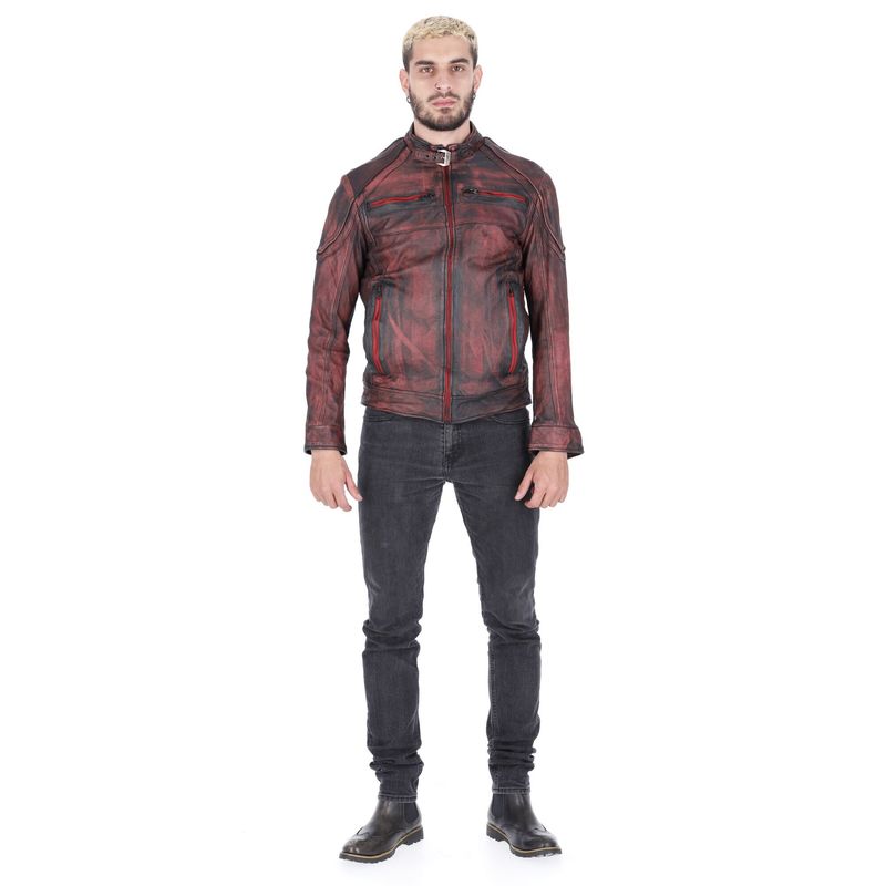 LA CHAQUETERIA - Chaqueta en Cuero Envejecido Negro Base Rojo Minor