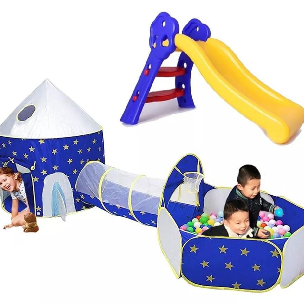 INFANTILES CAJUROMIX - CARPA TUNEL PISCINA AZUL MAS 100 PELOTAS MAS 1 RODADERO