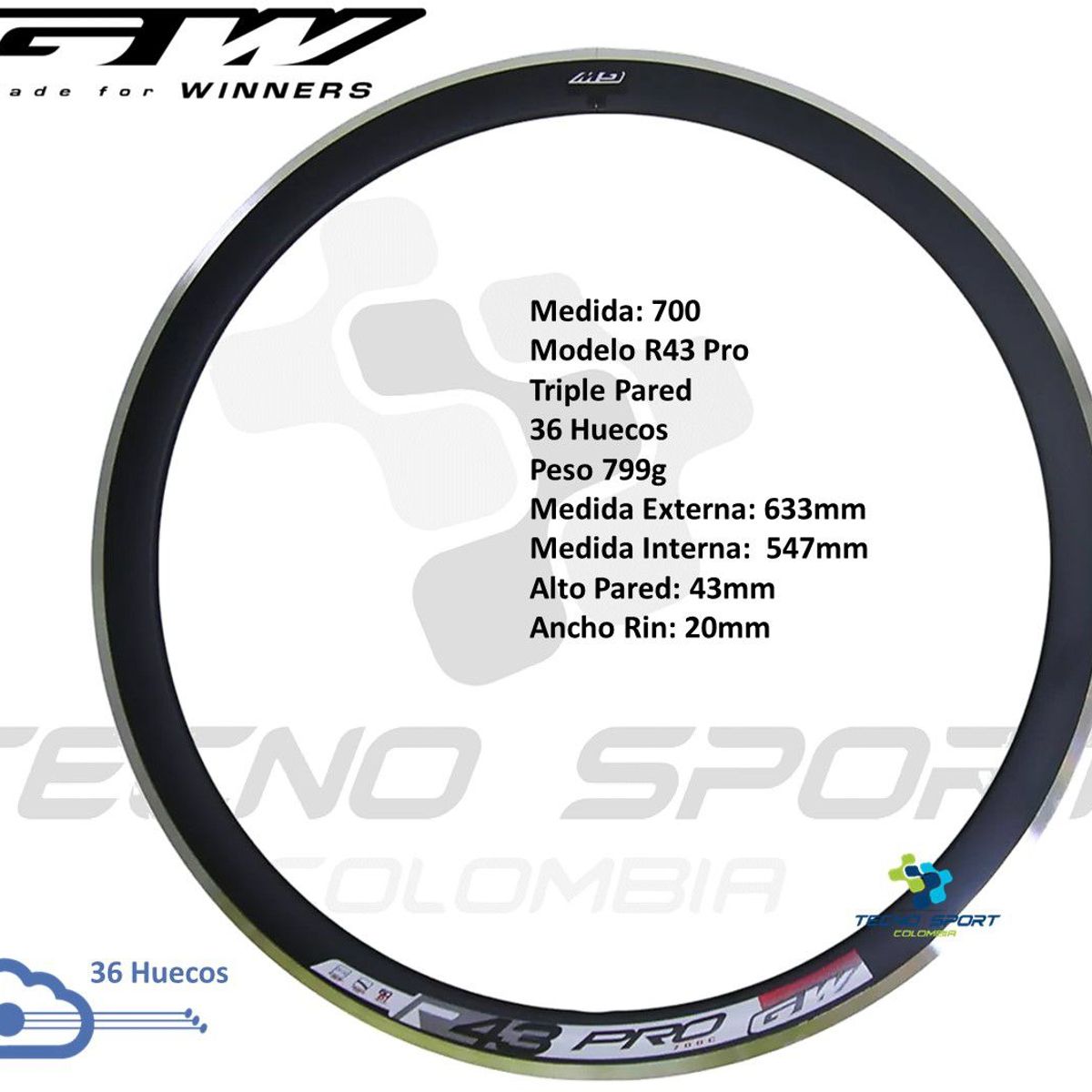 GW - Rin Bicicleta 700 Gw Aro Ruta/Fixie Reforzado Triple Pared