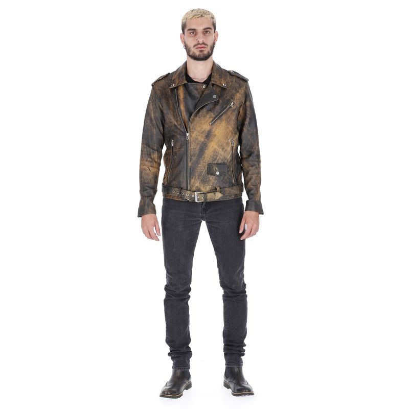 LA CHAQUETERIA - Chaqueta en Cuero Envejecido Negro Base Amarillo Bison