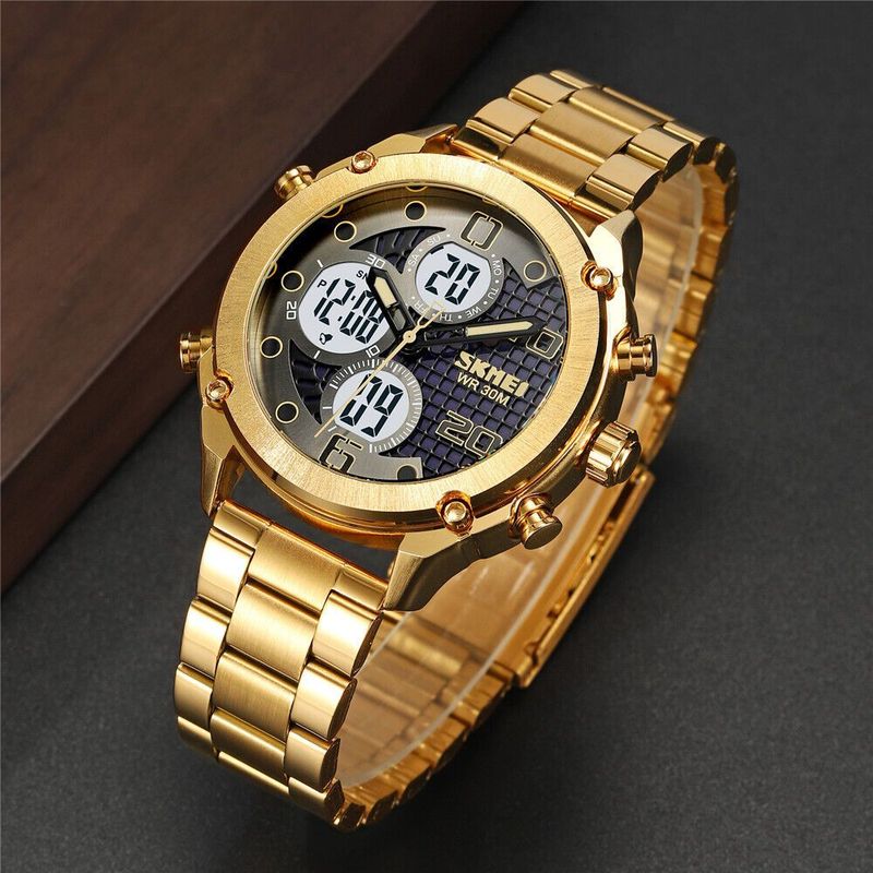 SKMEI - RELOJ SKMEI ORIGINAL ACERO DOBLE HORA 1975 SUMERGIBLE DORADO_.