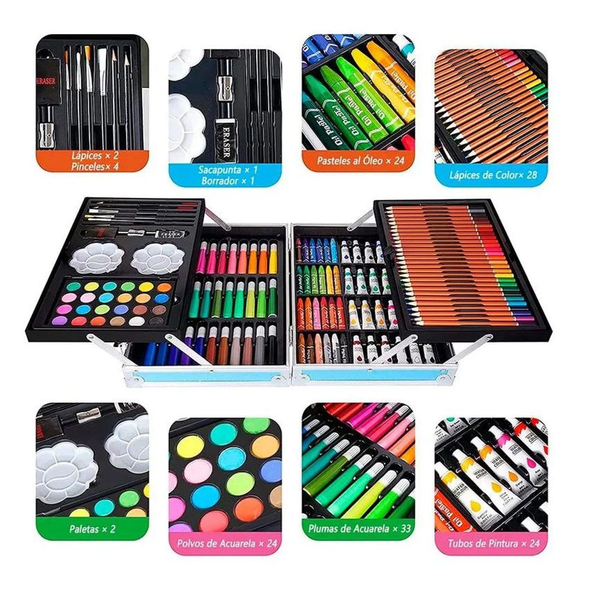 GENERAL - Mega Set De Colores Marcadores Arte 145 Piezas Azul